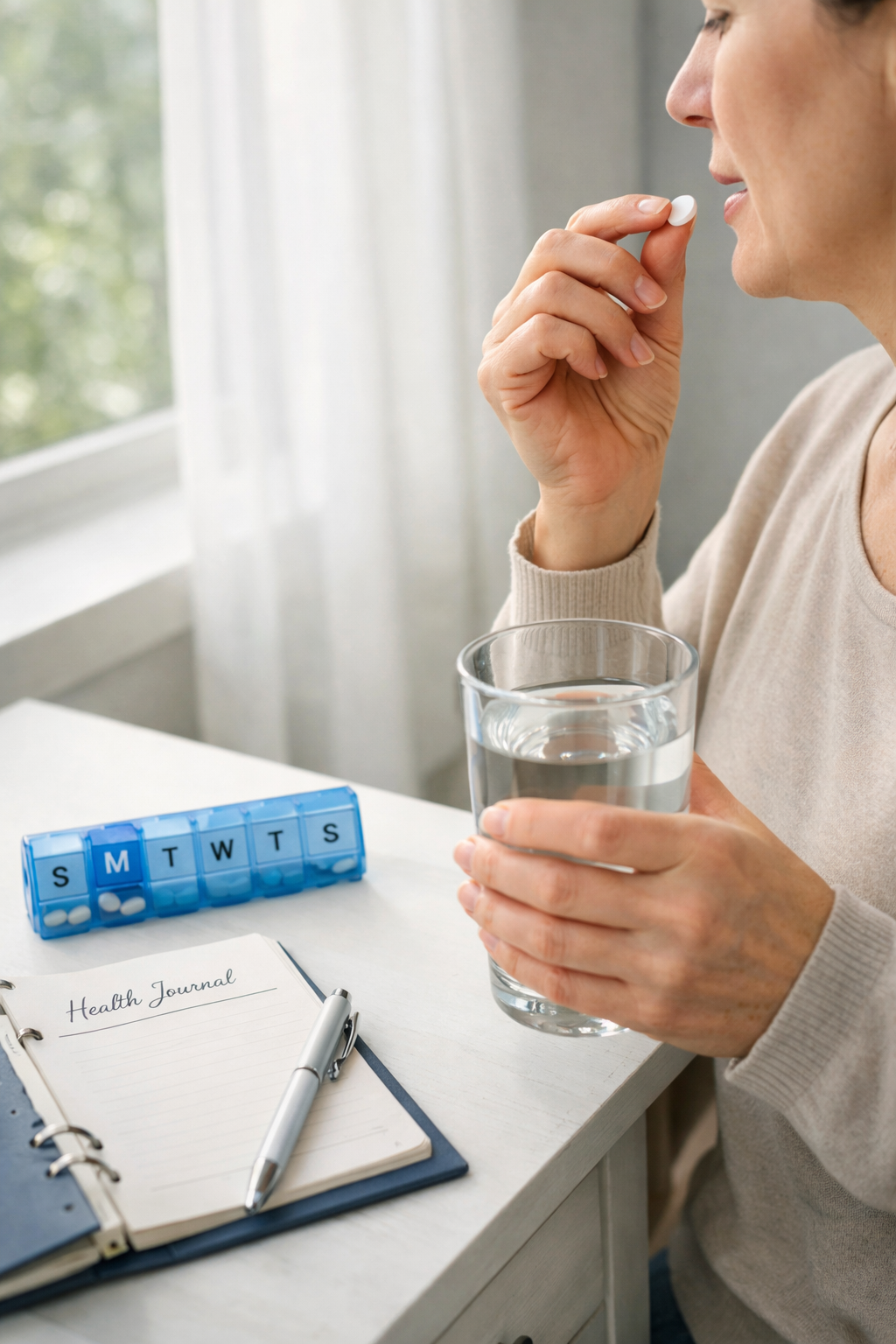 Person taking daily thyroid medication at home as part of managing thyroid hormone levels.